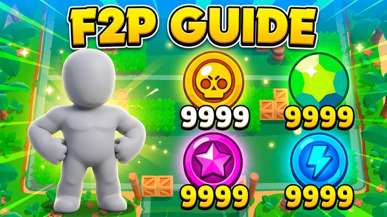 Brawl Stars free to play guide thumbnail template, a brawler with hands on hips beside four resource icons, coins, gems, star tokens and power, each showing 9999, F2P GUIDE text