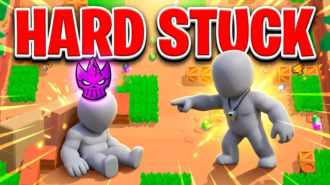 Brawl Stars coaching thumbnail template, a brawler slumped against a wall under a cracked purple rank badge and a coach with a whistle pointing forward, HARD STUCK text