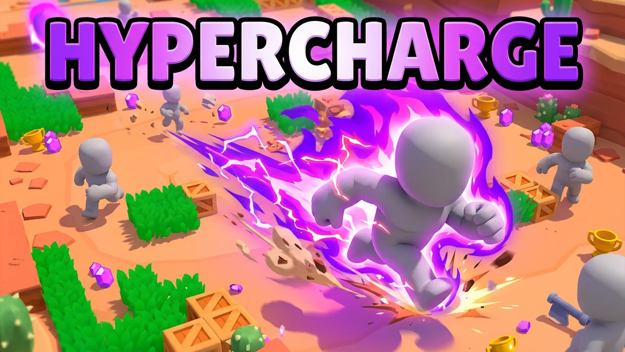 Brawl Stars hypercharge thumbnail template, a chunky brawler charging across a sandy arena wrapped in a purple lightning aura, HYPERCHARGE text
