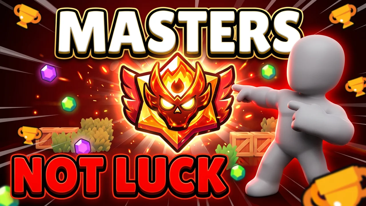 Brawl Stars ranked thumbnail template, a glowing red and gold winged Masters rank emblem on a dark red background, a brawler pointing at it, MASTERS and NOT LUCK text