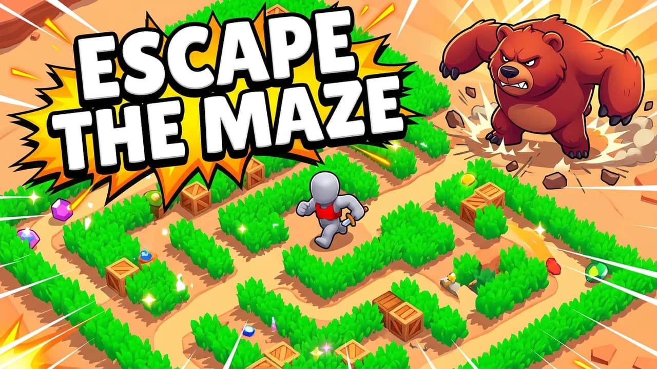 Brawl Stars challenge thumbnail template, a top-down maze of green bushes and crates with a small brawler inside and a huge bear stomping at the exit, ESCAPE THE MAZE text