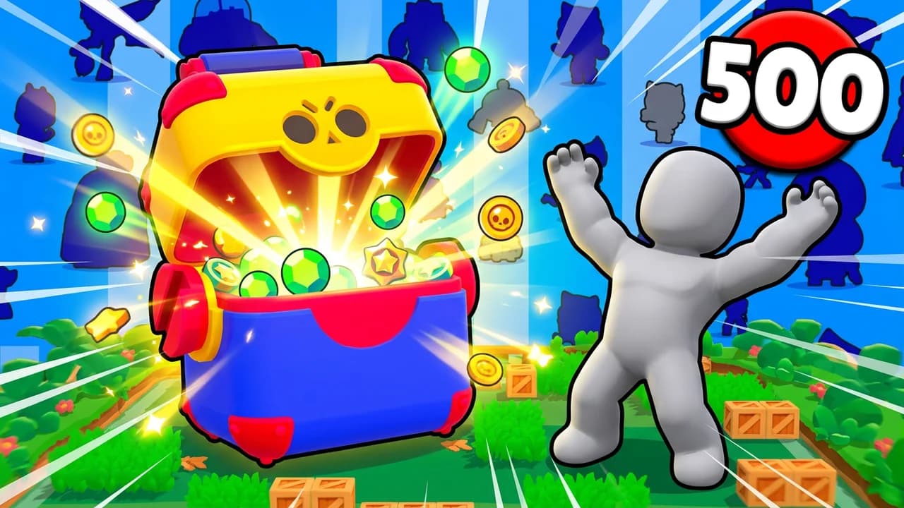 Brawl Stars box opening thumbnail template, a giant red, yellow and blue loot box bursting with gems and coins, a brawler cheering beside it, 500 on a red badge