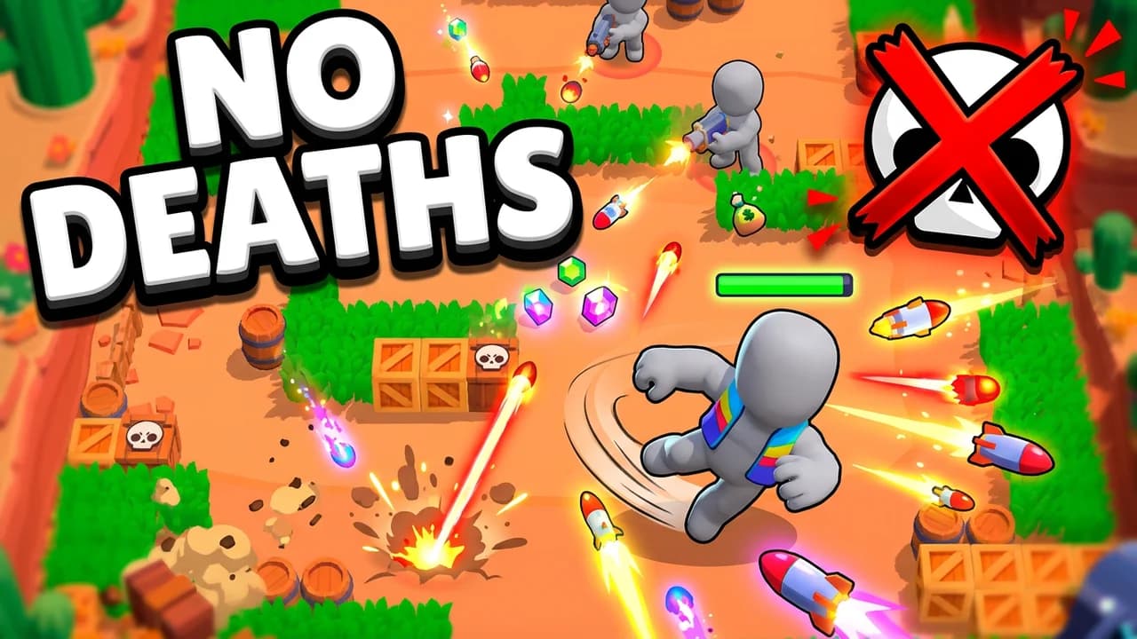 Brawl Stars no death challenge thumbnail template, a brawler dodging rockets and lasers on a sandy map, a crossed out skull, NO DEATHS text
