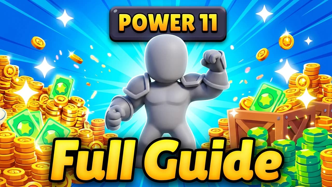 Brawl Stars upgrade guide thumbnail template, a flexing brawler between piles of gold coins and power points on a blue starburst, POWER 11 and Full Guide text