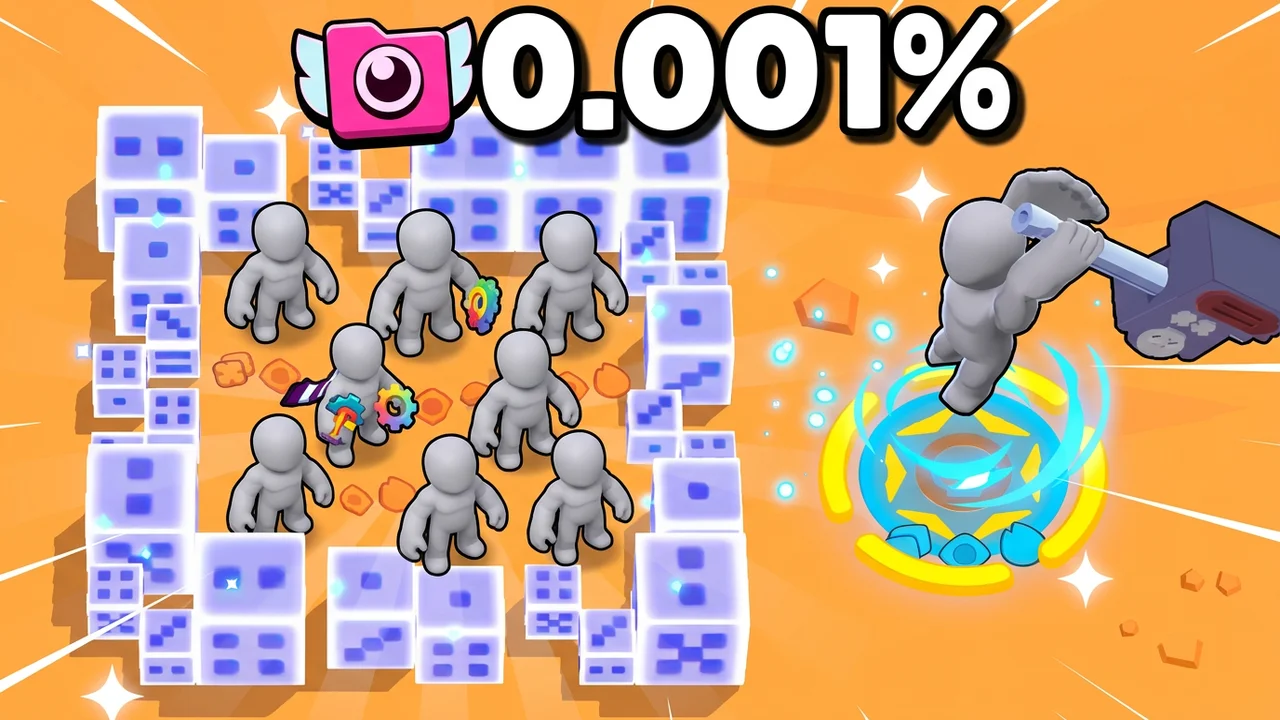 Brawl Stars rare moment thumbnail template, a crowd of brawlers boxed in by white crates and one brawler leaping onto a glowing blue pad, 0.001% text