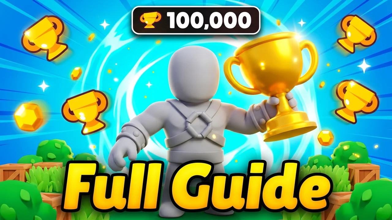 Brawl Stars trophy pushing thumbnail template, a brawler holding up a huge gold trophy on a blue swirl, trophies flying around, 100,000 and Full Guide text