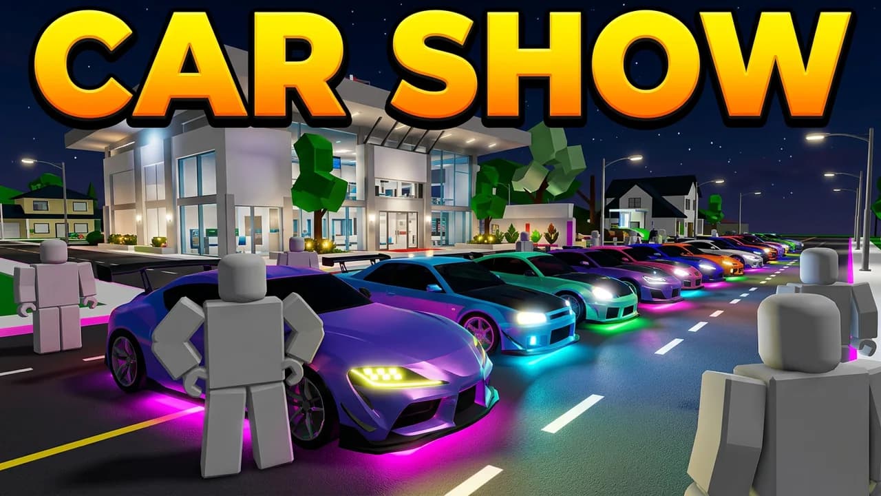 Brookhaven car show thumbnail template, a player with hands on hips in front of a row of tuned sports cars with neon underglow on a night street, CAR SHOW text