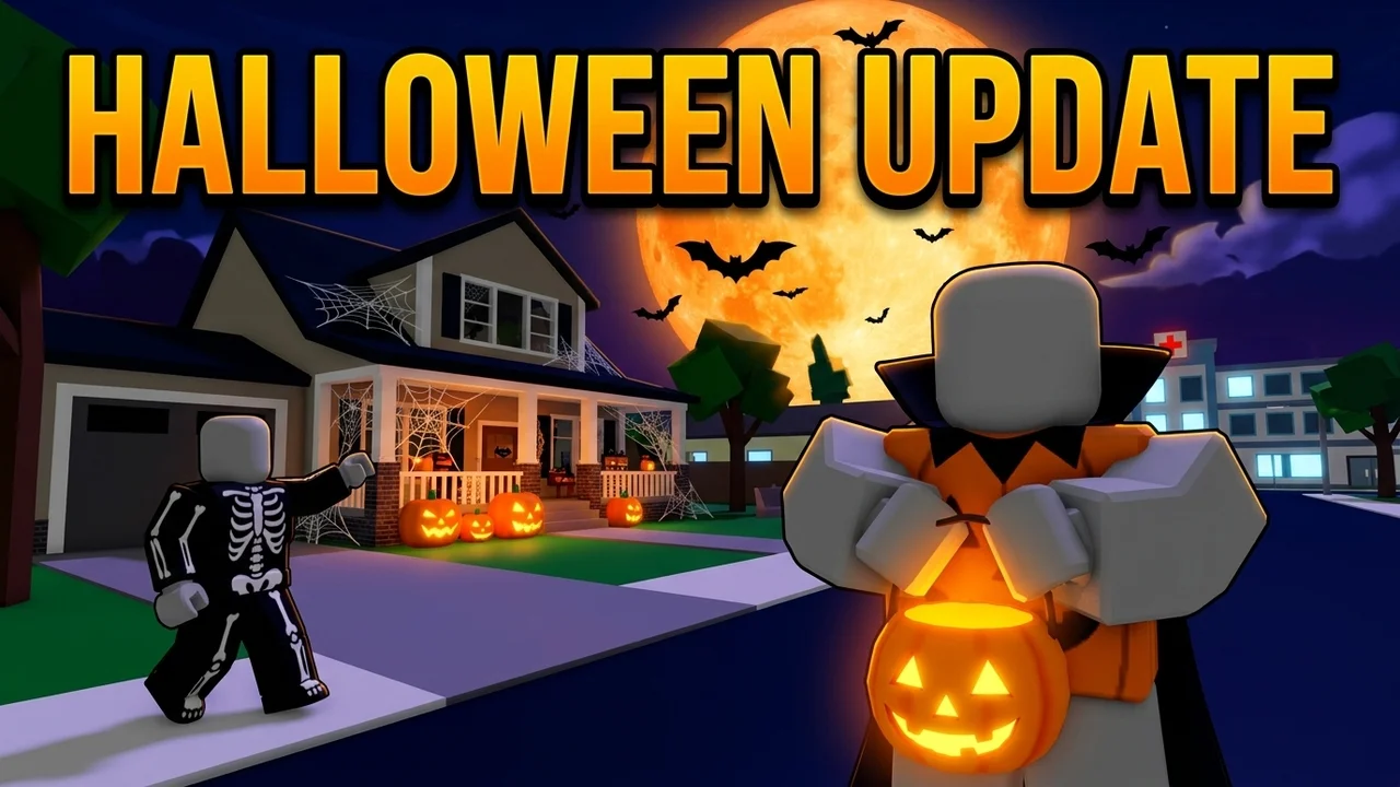 Brookhaven Halloween update thumbnail template, a player in a vampire cape holding a glowing jack o lantern candy bucket, a skeleton costume player behind, a house with pumpkins and cobwebs under a big orange moon, HALLOWEEN UPDATE orange text