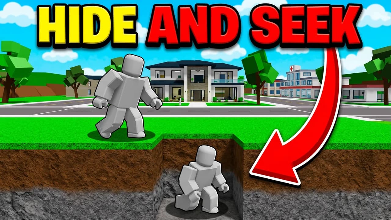 Brookhaven hide and seek thumbnail template, a player crouched in a hole under a lawn, a seeker walking by on the grass in front of a big house, a red arrow pointing at the hiding spot, HIDE AND SEEK text