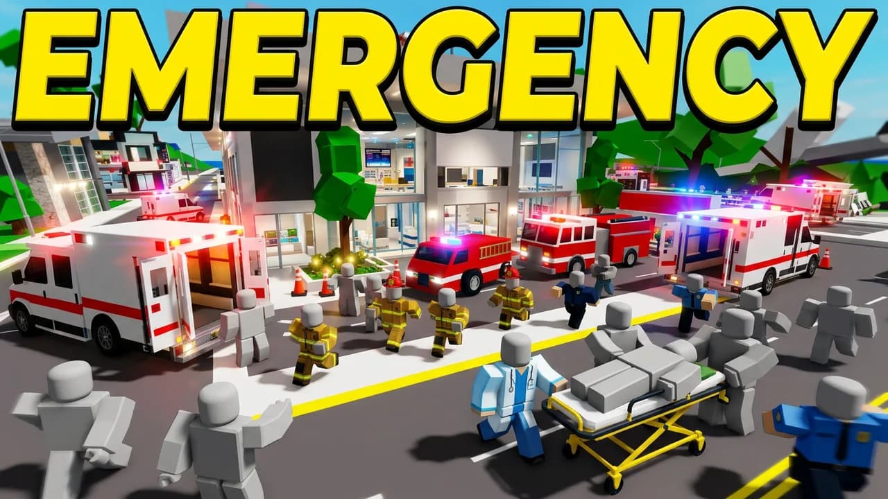 Brookhaven hospital emergency thumbnail template, ambulances and fire trucks with flashing lights outside the hospital, a doctor pushing a stretcher and a crowd of players running to help, EMERGENCY yellow text