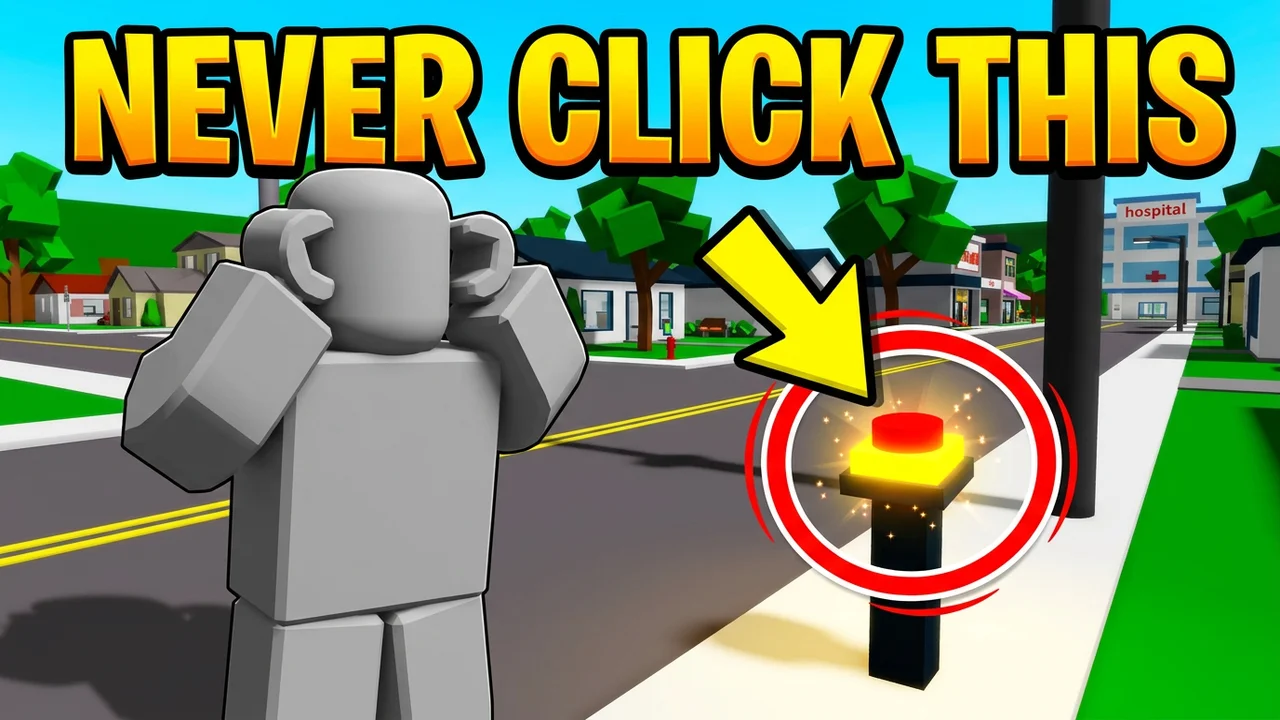 Brookhaven never click this thumbnail template, a worried player holding their head on a street, a yellow arrow and red circle around a glowing red button on a black post, NEVER CLICK THIS text