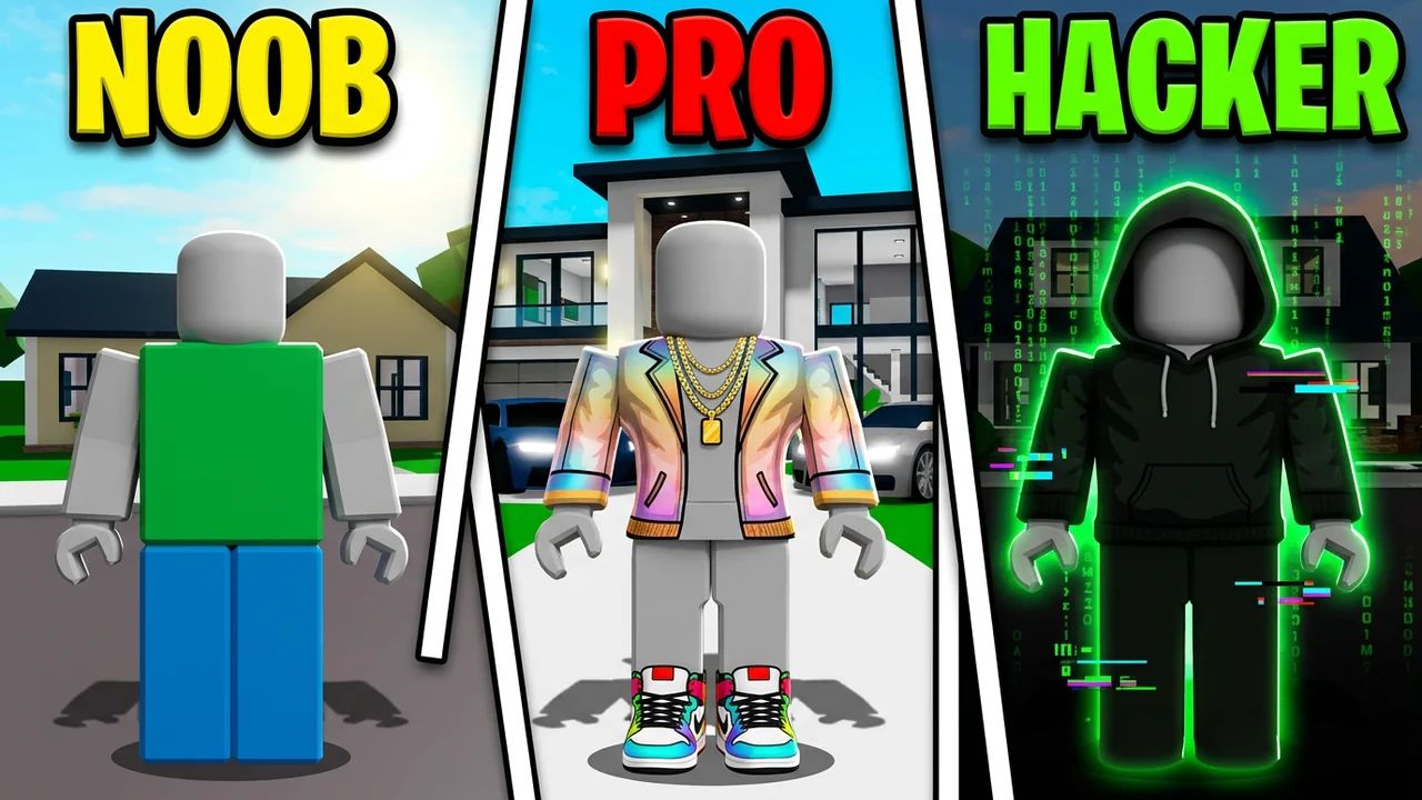 Brookhaven noob vs pro vs hacker thumbnail template, a plain player in a green shirt and blue jeans, a player in a gold chain and rainbow jacket, and a hooded player in black with green code glow, each in front of a house, NOOB, PRO and HACKER text