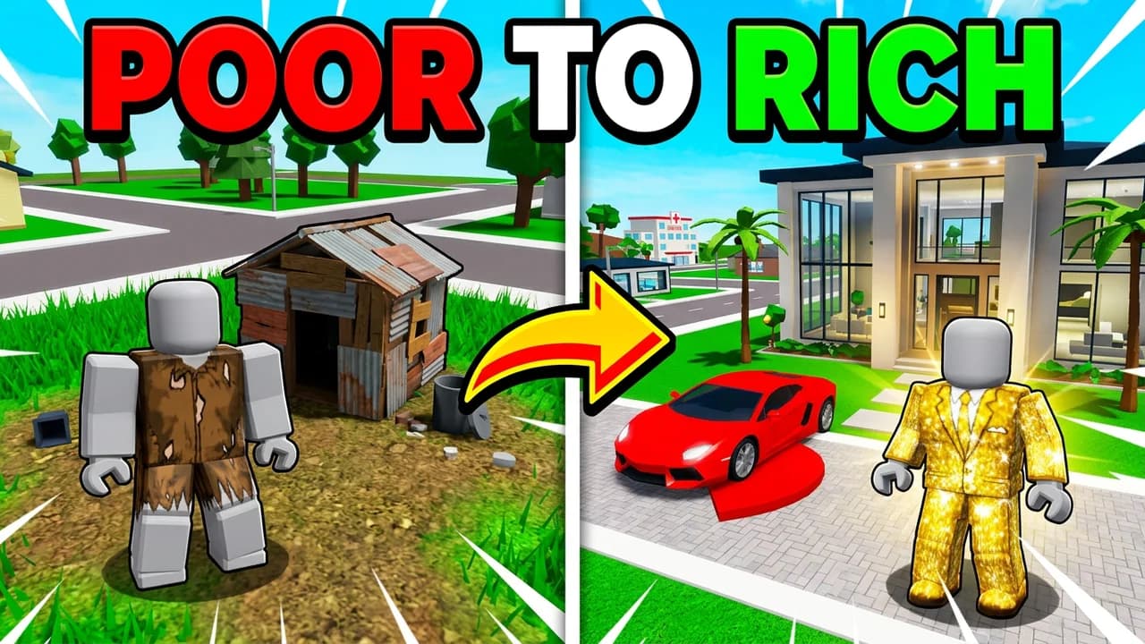Brookhaven poor to rich thumbnail template, a player in ragged brown clothes beside a tin shack on the left, a yellow arrow to the same player in a gold suit in front of a modern mansion and a red sports car on the right, POOR TO RICH text
