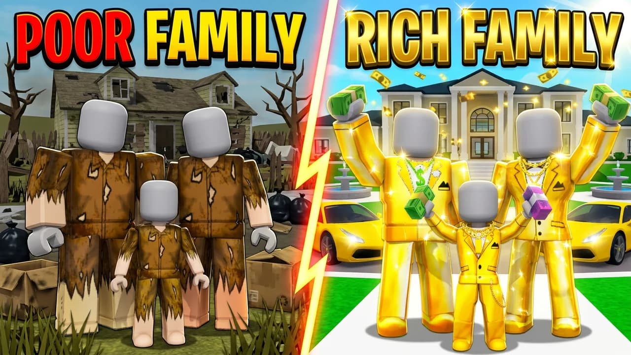 Brookhaven poor family vs rich family thumbnail template, four players in torn brown clothes in front of a run-down house on the left, four players in shiny gold suits holding cash in front of a big white mansion on the right, a lightning split between them, POOR FAMILY and RICH FAMILY text