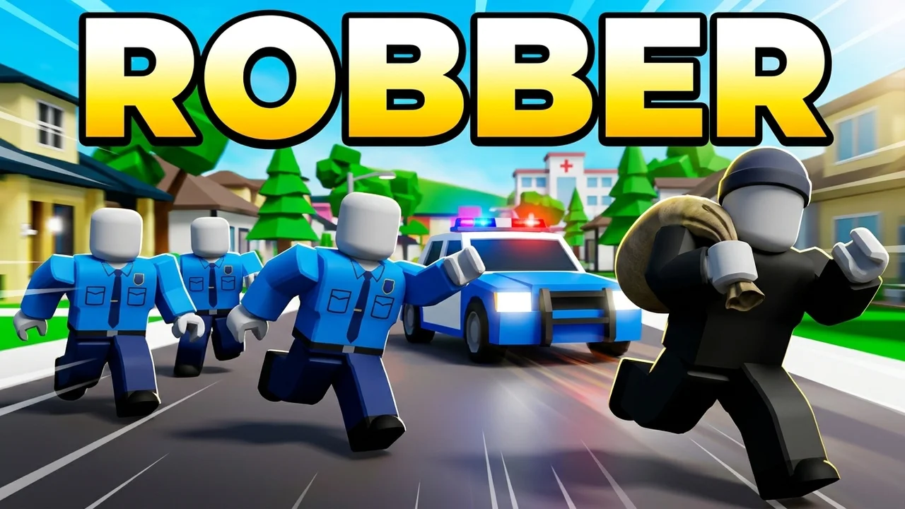Brookhaven robber vs police thumbnail template, a masked robber in black running with a cash bag from three police players in blue uniforms and a police car with flashing lights, ROBBER text