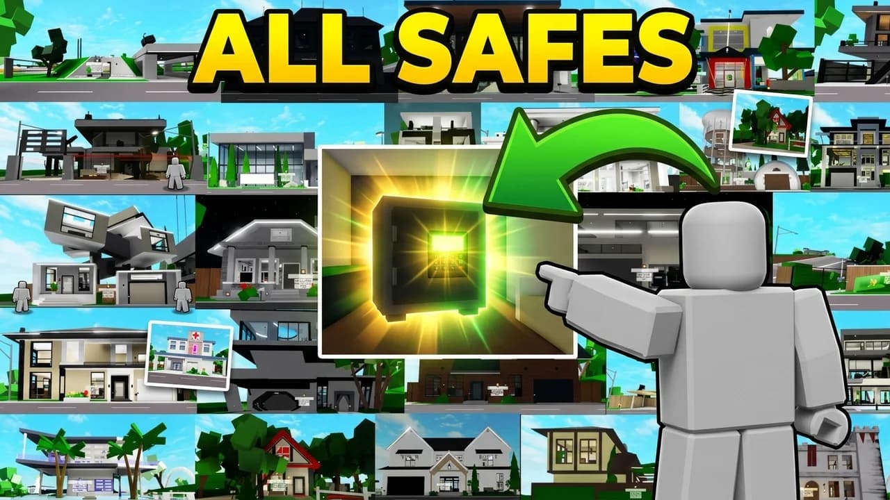 Brookhaven all safes thumbnail template, a player pointing at a glowing safe in a picture frame over a grid of Brookhaven houses, a green arrow to the safe, ALL SAFES text