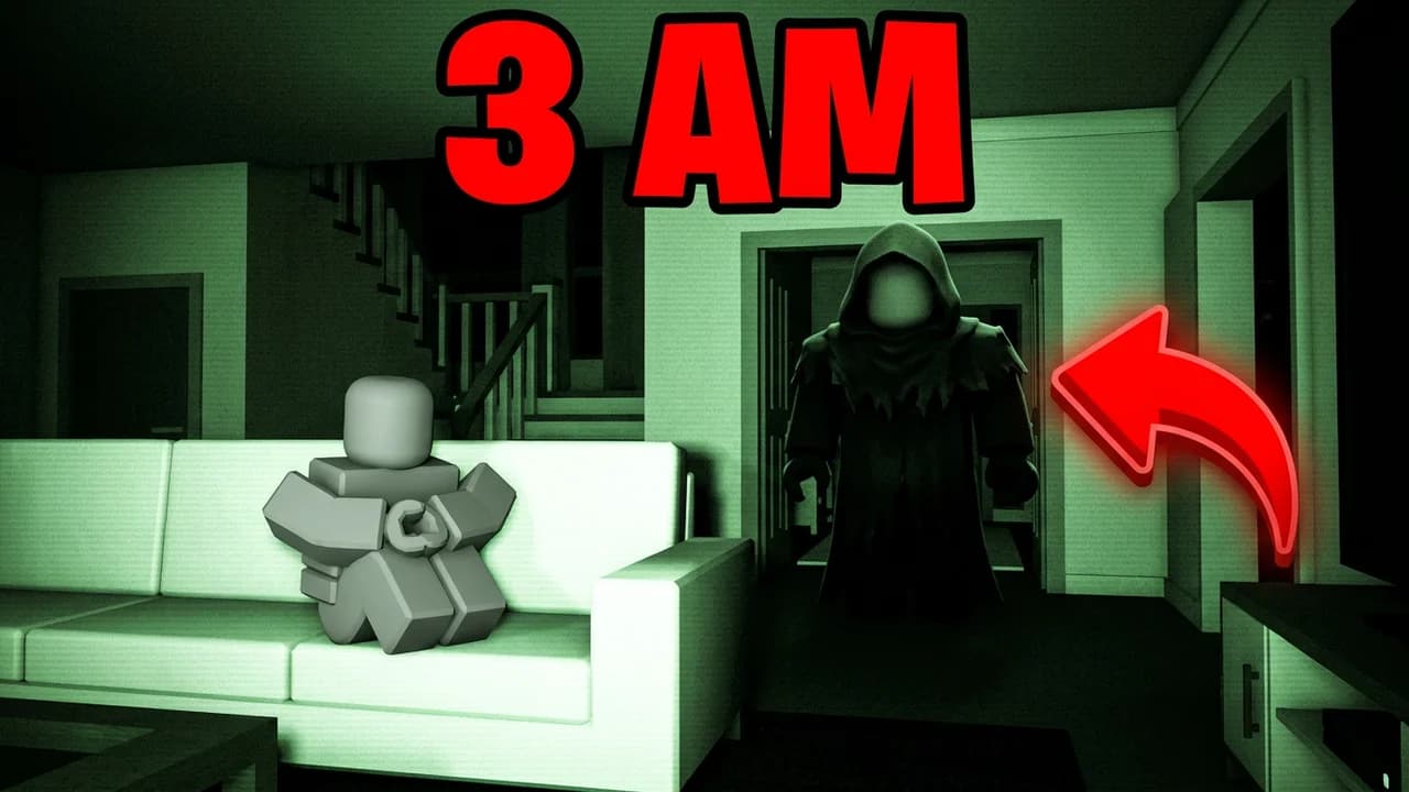 Brookhaven 3 AM horror thumbnail template, a small player sitting on a sofa in a dark green night-vision house, a red arrow pointing at a tall hooded shadow figure in the doorway, 3 AM red text