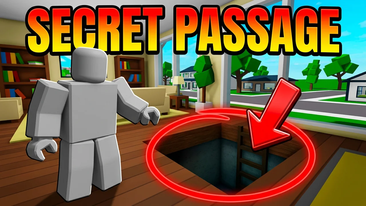 Brookhaven secret passage thumbnail template, a player standing in a living room beside a hidden ladder hole in the wooden floor, a red circle around the hole and a red arrow pointing into it, SECRET PASSAGE text