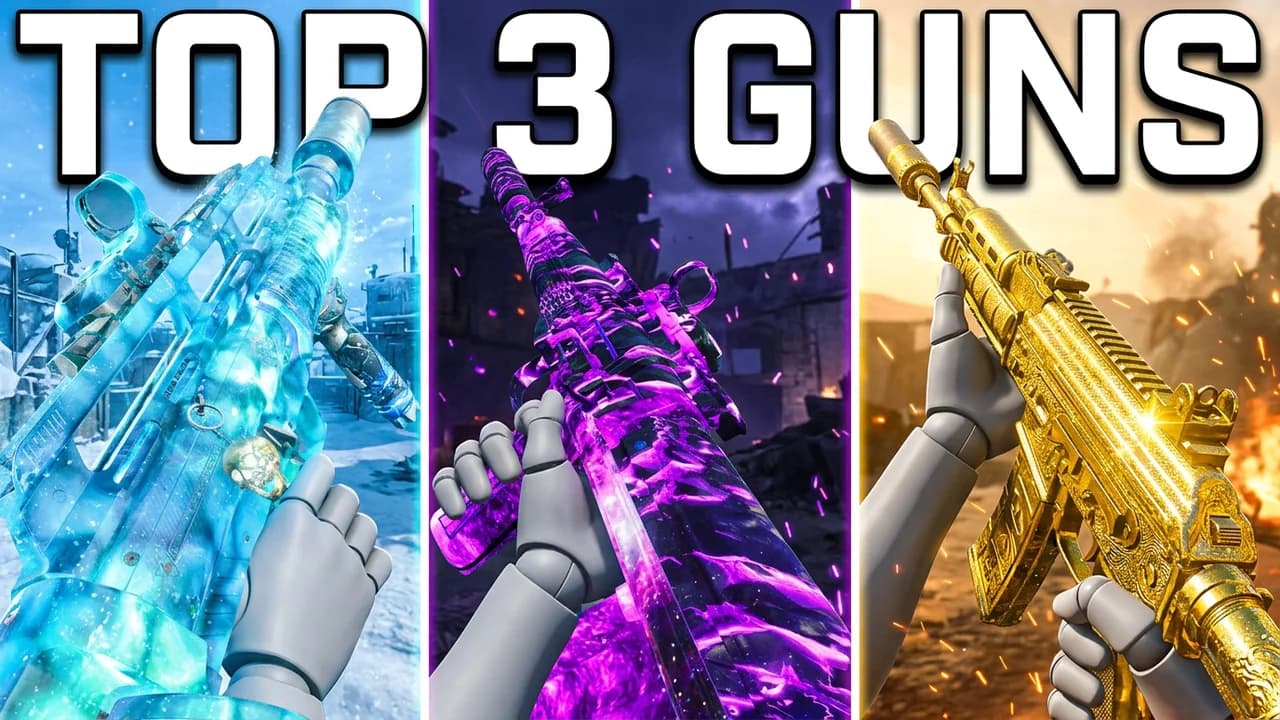 Call of Duty best guns thumbnail template, three tall panels each with a hand holding a rifle in a different camo, icy blue, purple galaxy and gold, TOP 3 GUNS across the top in white