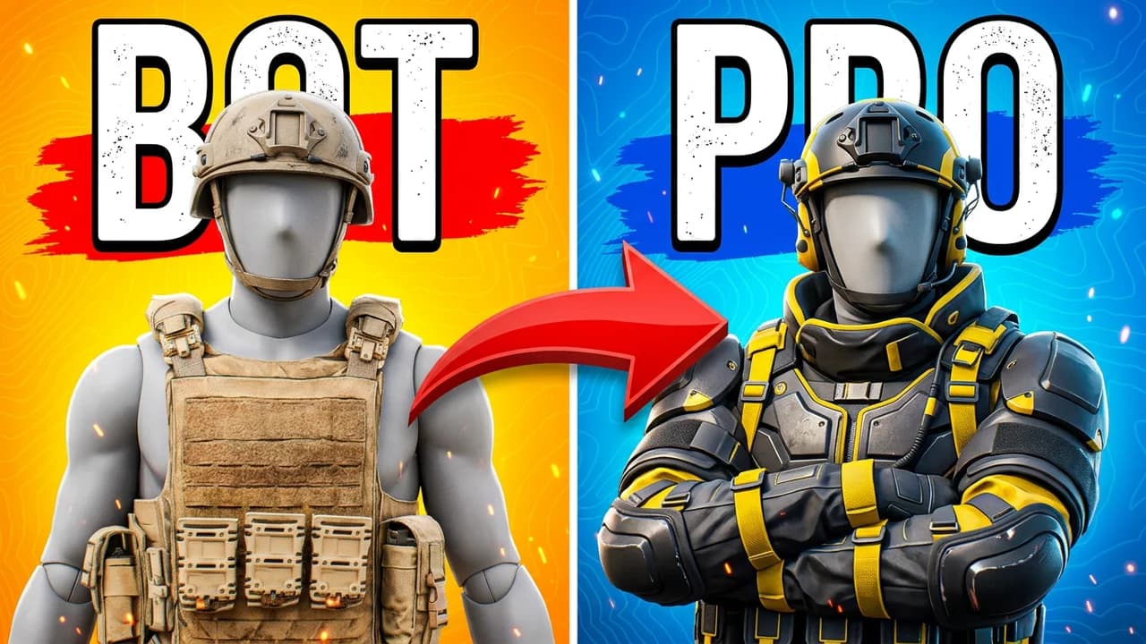Call of Duty bot to pro thumbnail template, a soldier in tan gear and a helmet on a yellow background, a red curved arrow to the same soldier in a black and yellow operator suit with arms crossed on a blue background, BOT and PRO text