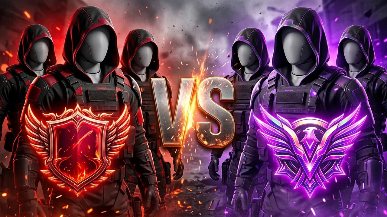 Call of Duty Crimson vs Iridescent thumbnail template, a squad of three hooded soldiers with a glowing red Crimson rank badge on the left, a squad with a purple winged Iridescent badge on the right, big VS in the middle