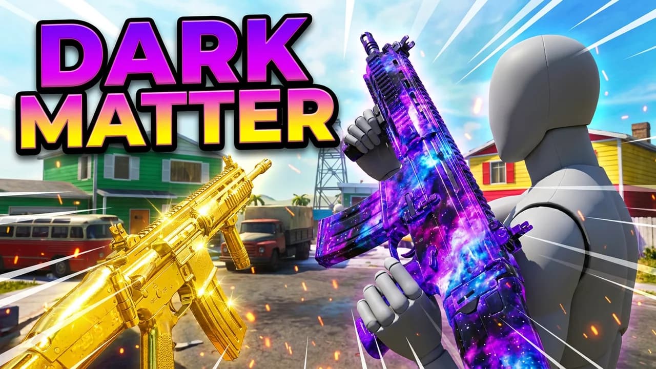 Call of Duty Dark Matter camo thumbnail template, a player holding up a purple galaxy camo rifle beside a gold camo rifle on the Nuketown map, DARK MATTER in purple and yellow letters
