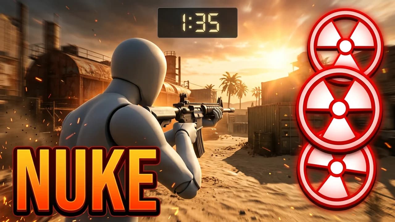 Call of Duty fastest nuke thumbnail template, a player aiming a rifle across a sunny desert map, a 1:35 timer at the top, three red radiation nuke symbols stacked on the right and big orange NUKE text