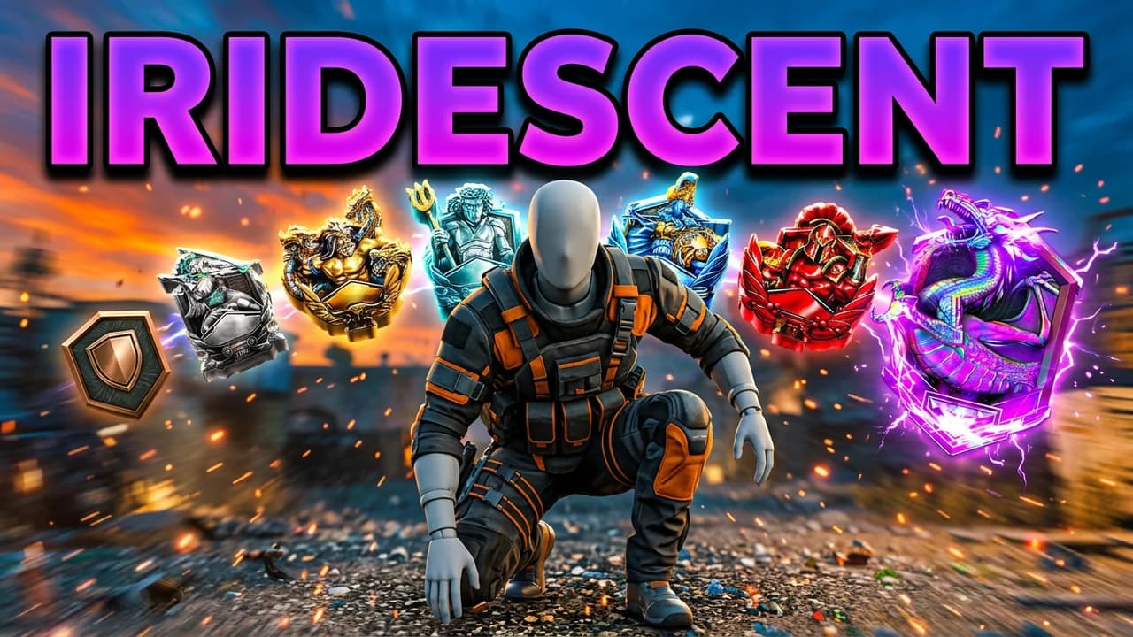 Call of Duty ranked thumbnail template, a player in a black and orange operator suit crouching in the middle, an arc of ranked play badges from bronze to a glowing purple dragon Iridescent badge behind him, IRIDESCENT in purple