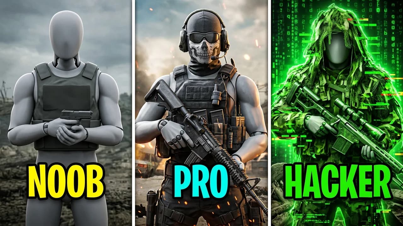 Call of Duty noob vs pro vs hacker thumbnail template, three panels with a soldier in a plain vest holding a pistol, a soldier in a skull balaclava with a rifle and a glowing green ghillie suit soldier, NOOB, PRO and HACKER in yellow, blue and green