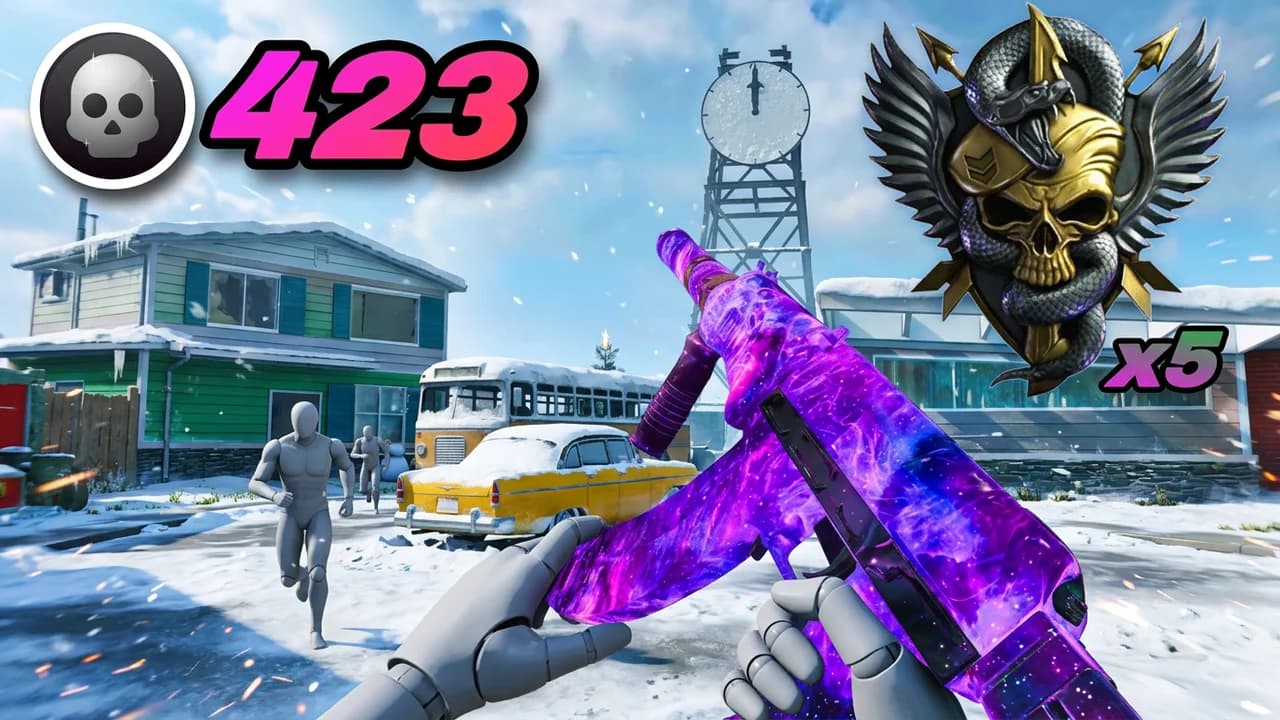Call of Duty Nuketown thumbnail template, a first-person view holding a purple galaxy camo submachine gun on the snowy Nuketown map, a skull kill icon with a big pink 423 top left and a gold winged skull prestige emblem with x5 top right