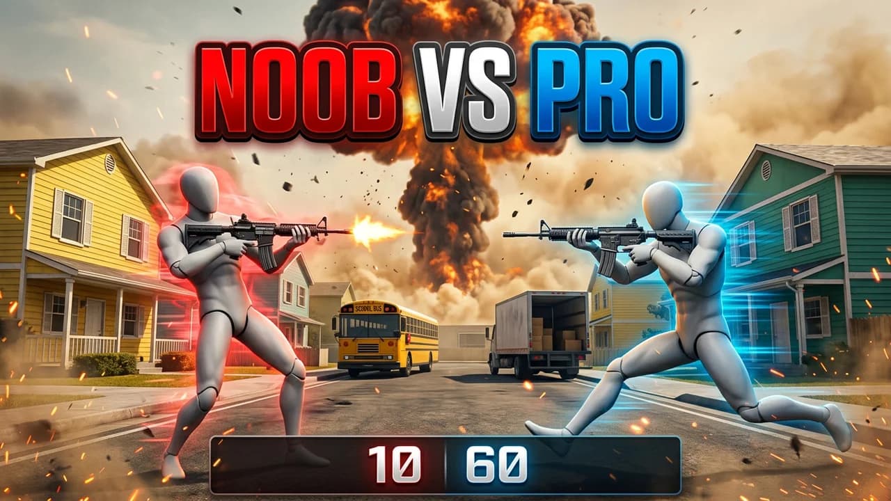 Call of Duty Nuketown 1v1 thumbnail template, two players shooting at each other on the Nuketown street with a mushroom cloud behind the houses, NOOB VS PRO at the top and a 10 to 60 score bar at the bottom