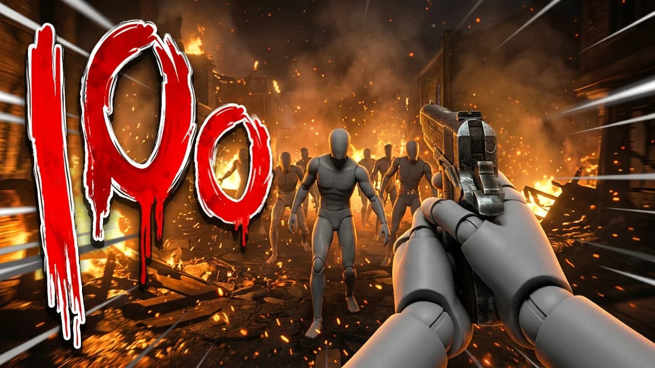 Call of Duty Zombies round 100 thumbnail template, a first-person view aiming a pistol at a horde of zombies in a burning street at night, a giant dripping blood red 100 on the left