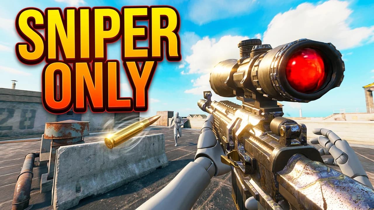 Call of Duty sniper only thumbnail template, a first-person view aiming a sniper rifle with a big glowing red scope on a sunny rooftop, a gold bullet floating beside it, SNIPER ONLY in orange letters