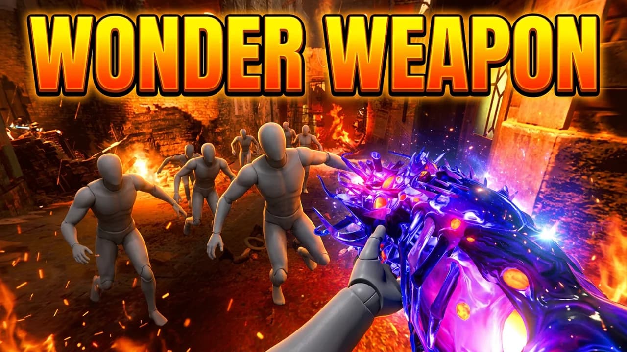 Call of Duty Zombies wonder weapon thumbnail template, a first-person view holding a glowing purple and blue energy weapon as zombies run in through a burning orange street, WONDER WEAPON text in fiery letters