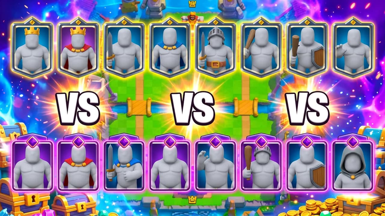 Clash Royale card battle thumbnail template, a row of gold framed cards facing a row of purple framed cards across the arena, VS between each pair