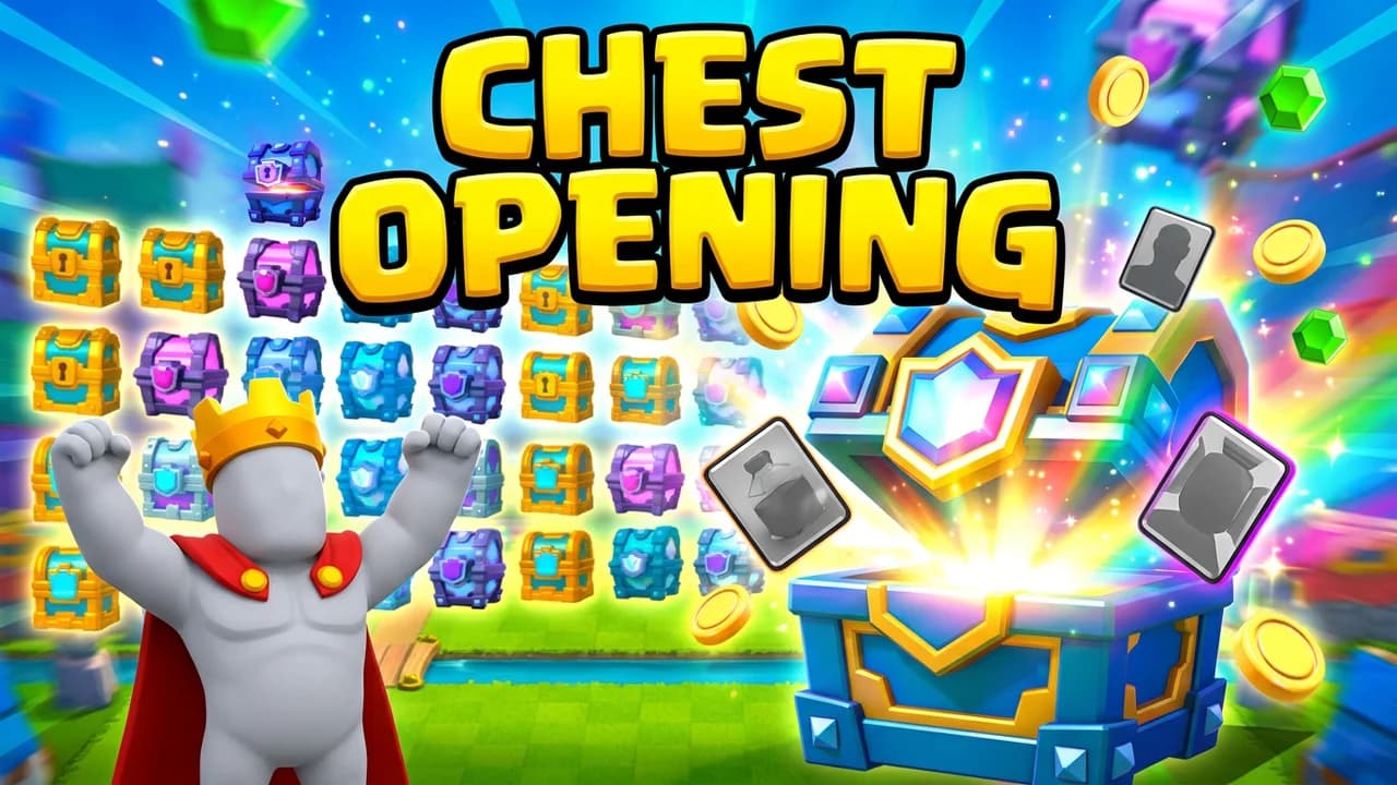 Clash Royale chest opening thumbnail template, a wall of gold, purple and blue chests behind a huge chest bursting open with cards flying out, a crowned figure cheering, CHEST OPENING text