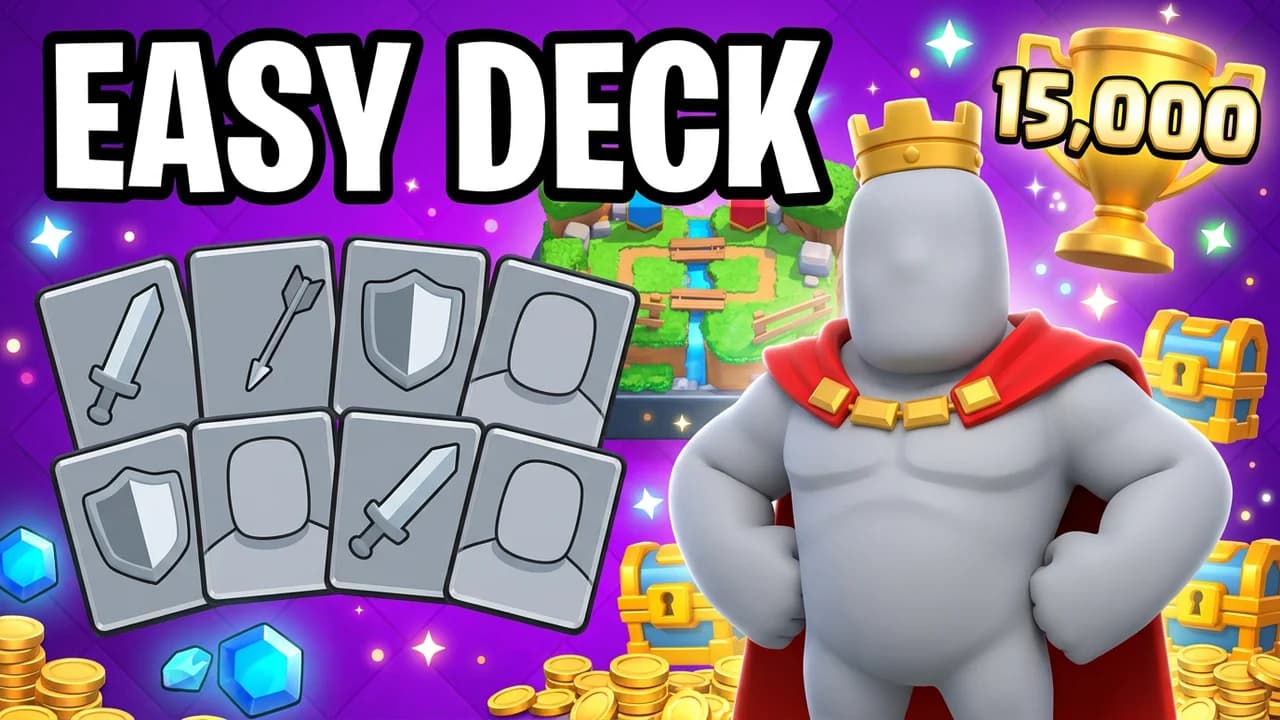 Clash Royale deck guide thumbnail template, eight plain cards fanned on the left and a crowned figure in a red cape, a gold trophy with 15,000, EASY DECK text