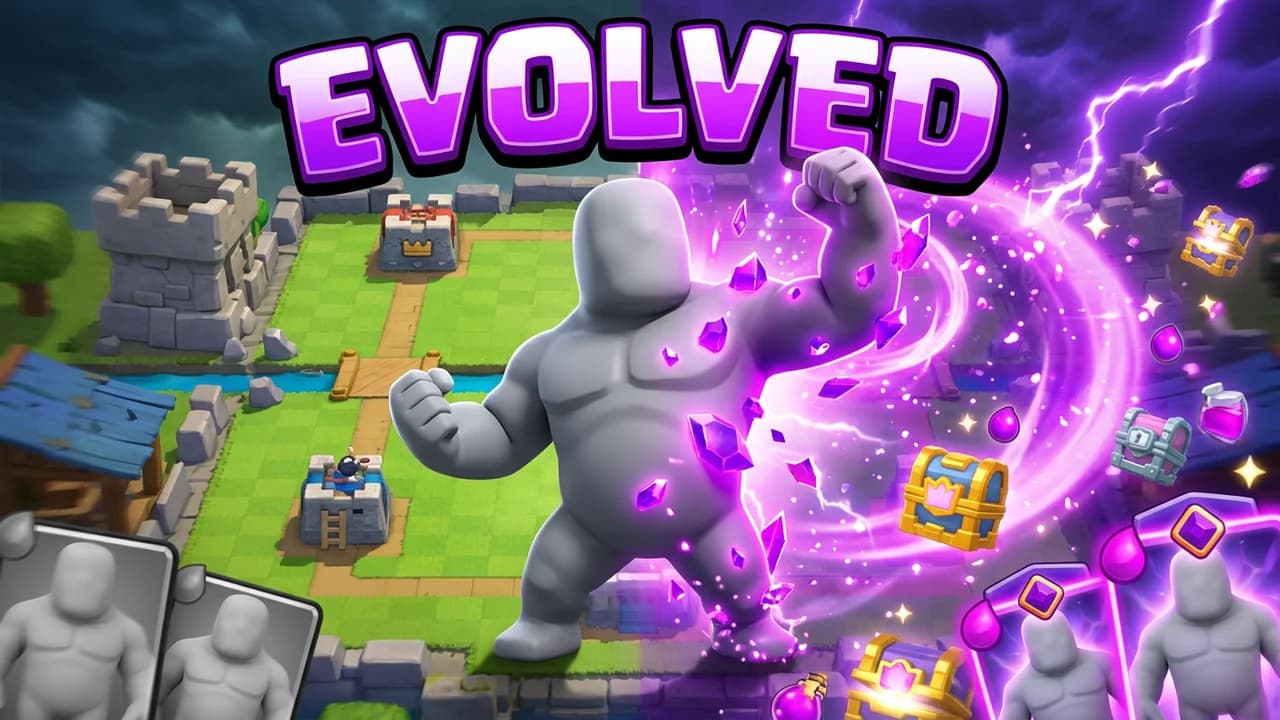 Clash Royale evolution thumbnail template, a huge figure crackling with purple energy on the arena under a stormy sky, cards and chests around, EVOLVED text