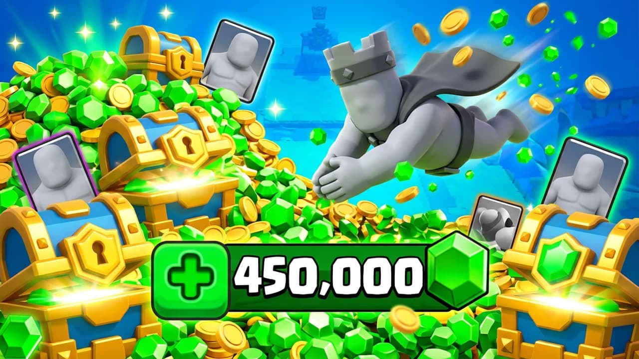 Clash Royale gem spending thumbnail template, a figure diving into a pile of green gems and gold coins over open chests, +450,000 on a green plate