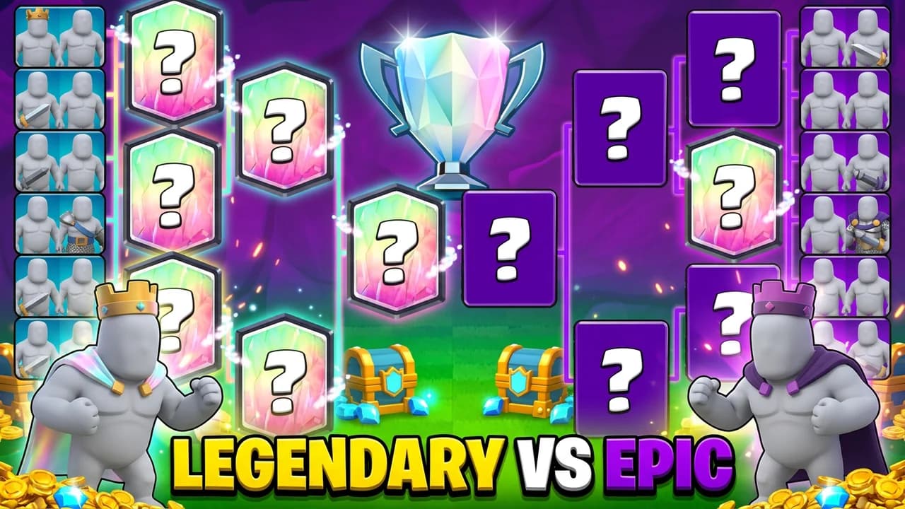Clash Royale tournament thumbnail template, a bracket of mystery cards around a crystal trophy, two crowned figures facing off, LEGENDARY VS EPIC text