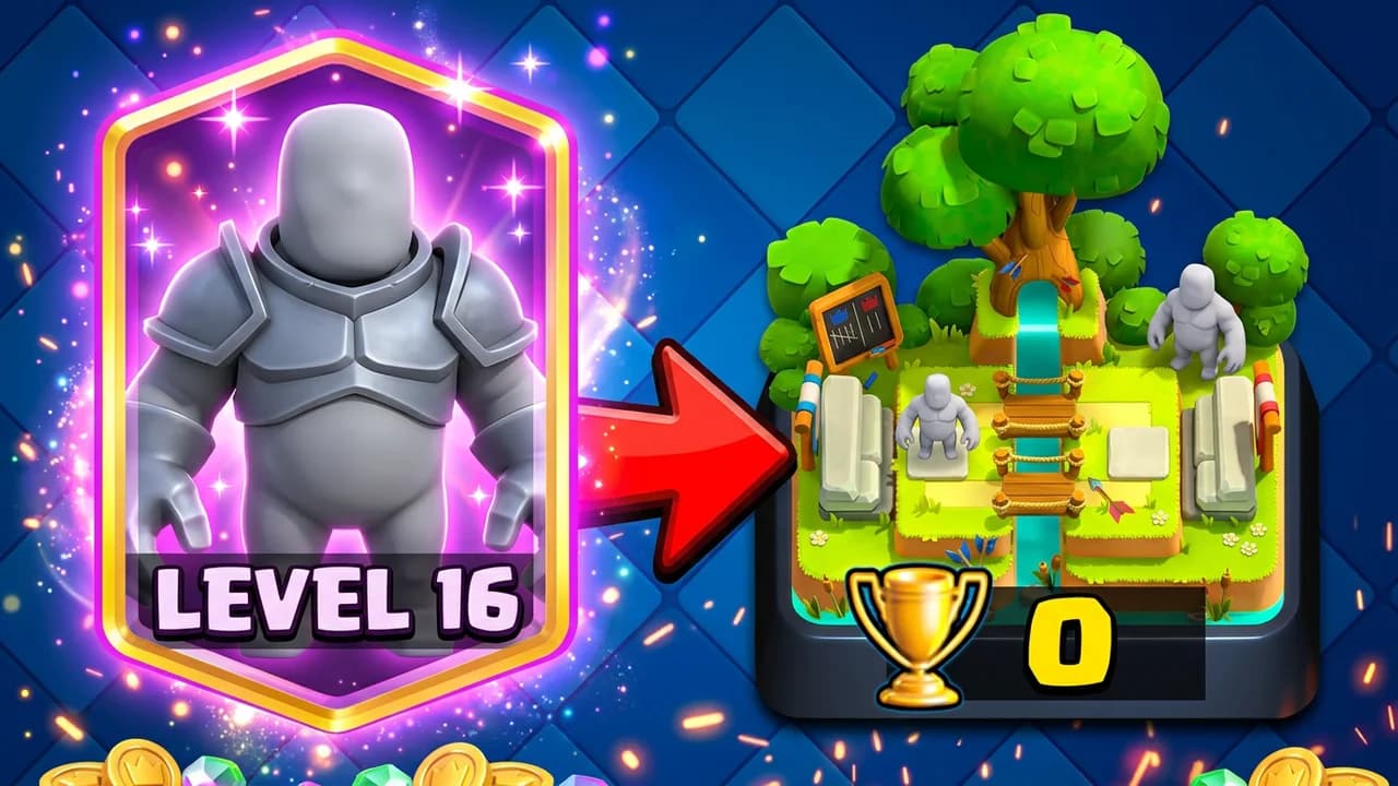 Clash Royale smurf thumbnail template, a glowing LEVEL 16 card with an armoured figure, a red arrow to a tiny starter arena with a trophy at 0