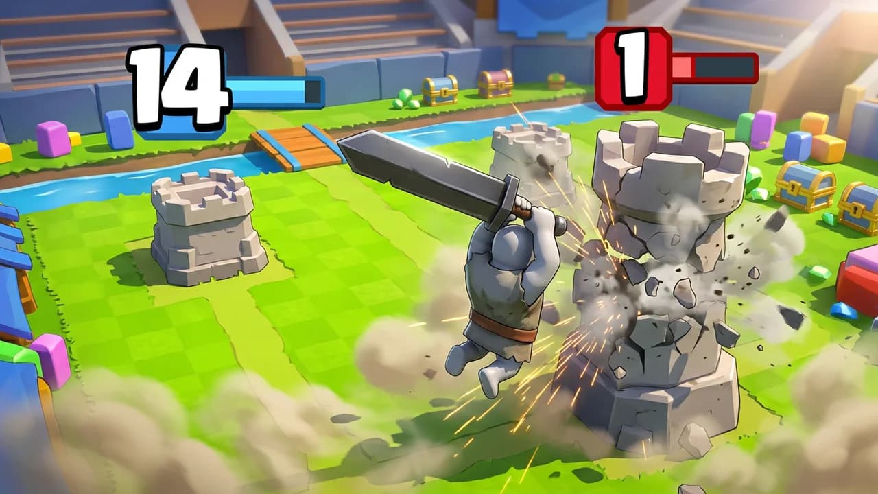 Clash Royale clutch thumbnail template, a figure swinging a giant sword into a crumbling tower on the green arena, health bars reading 14 and 1