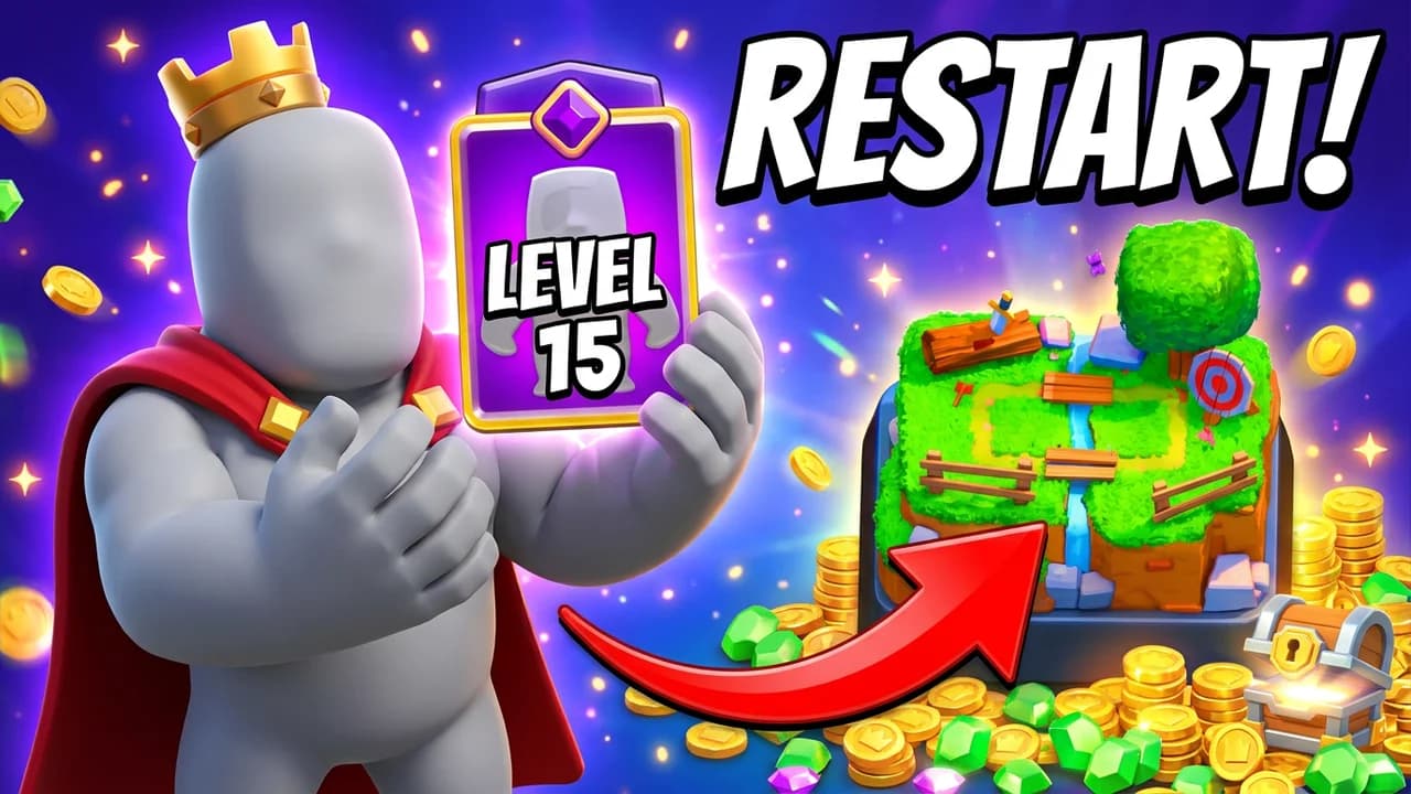 Clash Royale restart thumbnail template, a crowned figure in a red cape holding a LEVEL 15 card, a red arrow to a small fresh starting arena, RESTART text