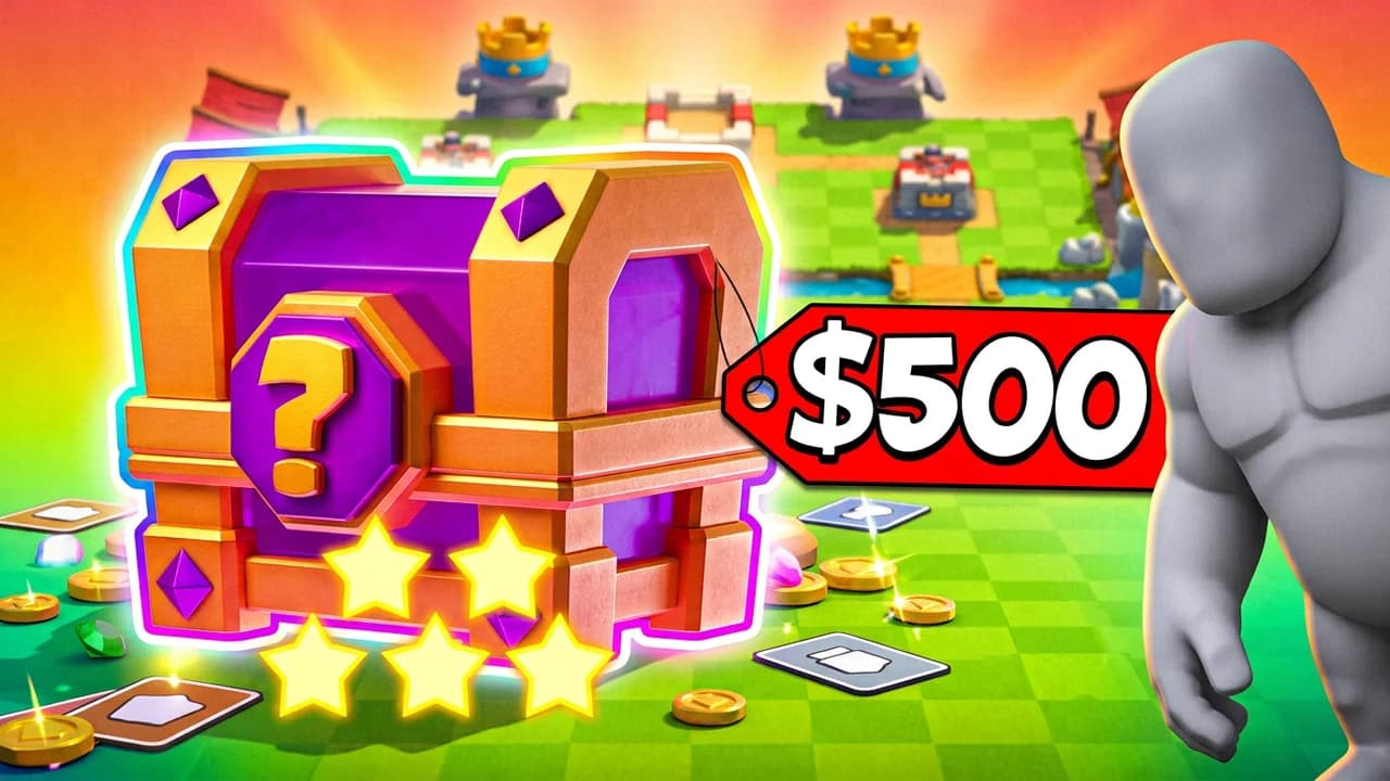 Clash Royale spending thumbnail template, a big purple and gold mystery chest with stars on the arena, a red price tag reading $500, a figure leaning in from the side