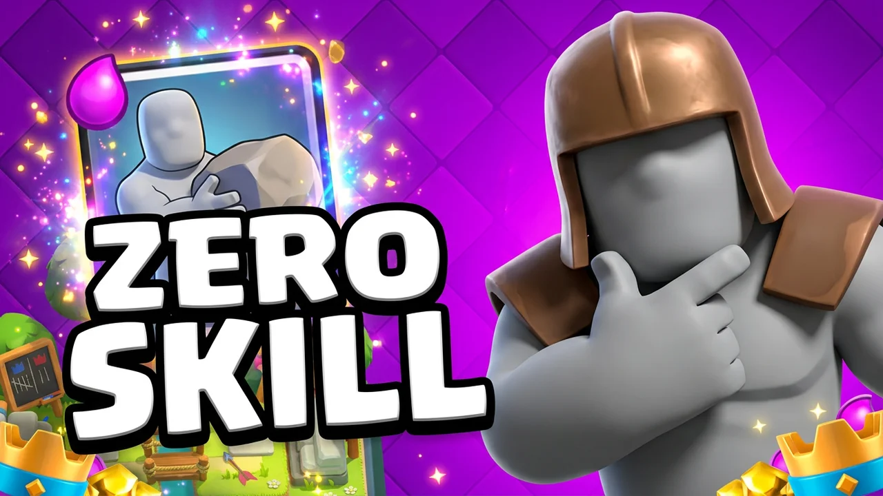 Clash Royale meme deck thumbnail template, a figure in a bronze helmet with a smug pose beside one glowing card on a purple background, ZERO SKILL text
