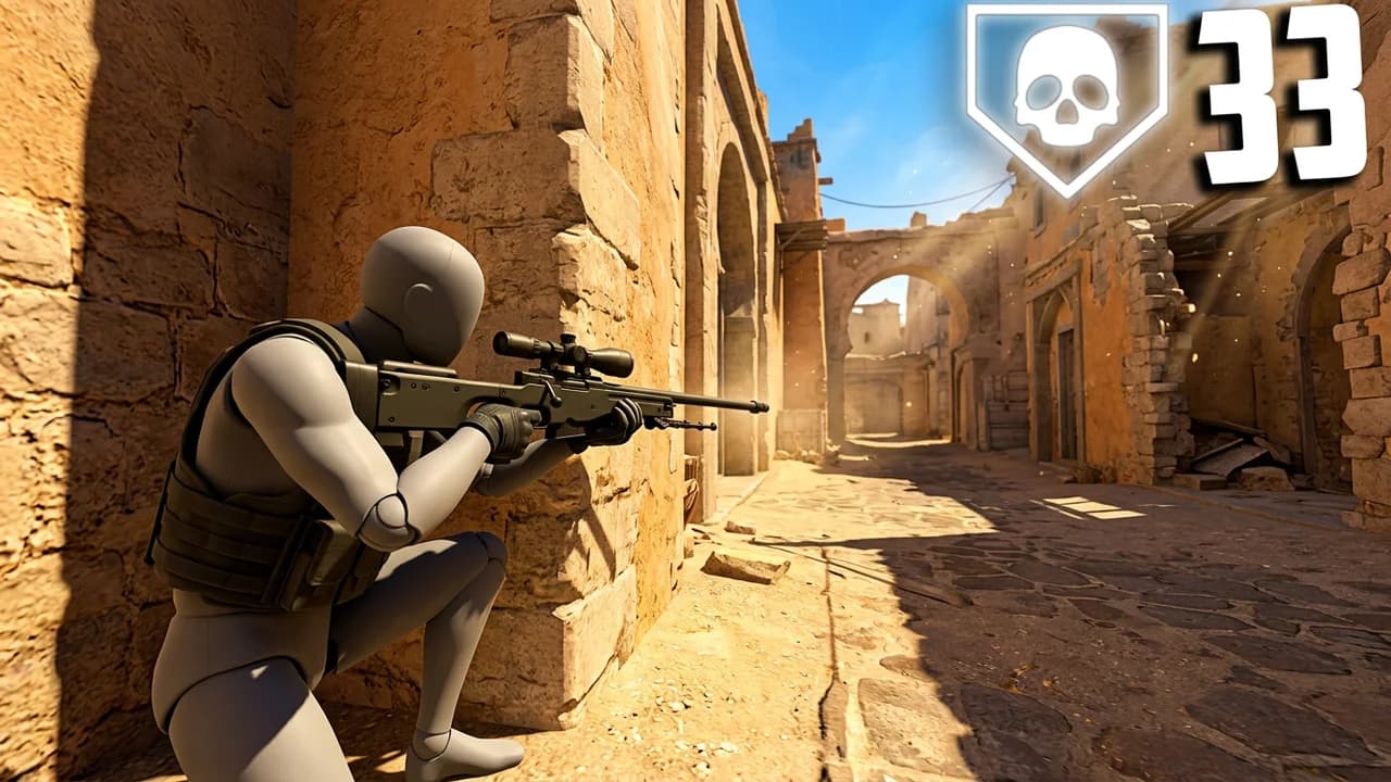 CS2 big kill game thumbnail template, a player crouched behind a sandstone wall aiming a sniper rifle down a sunny lane, a skull icon and the number 33