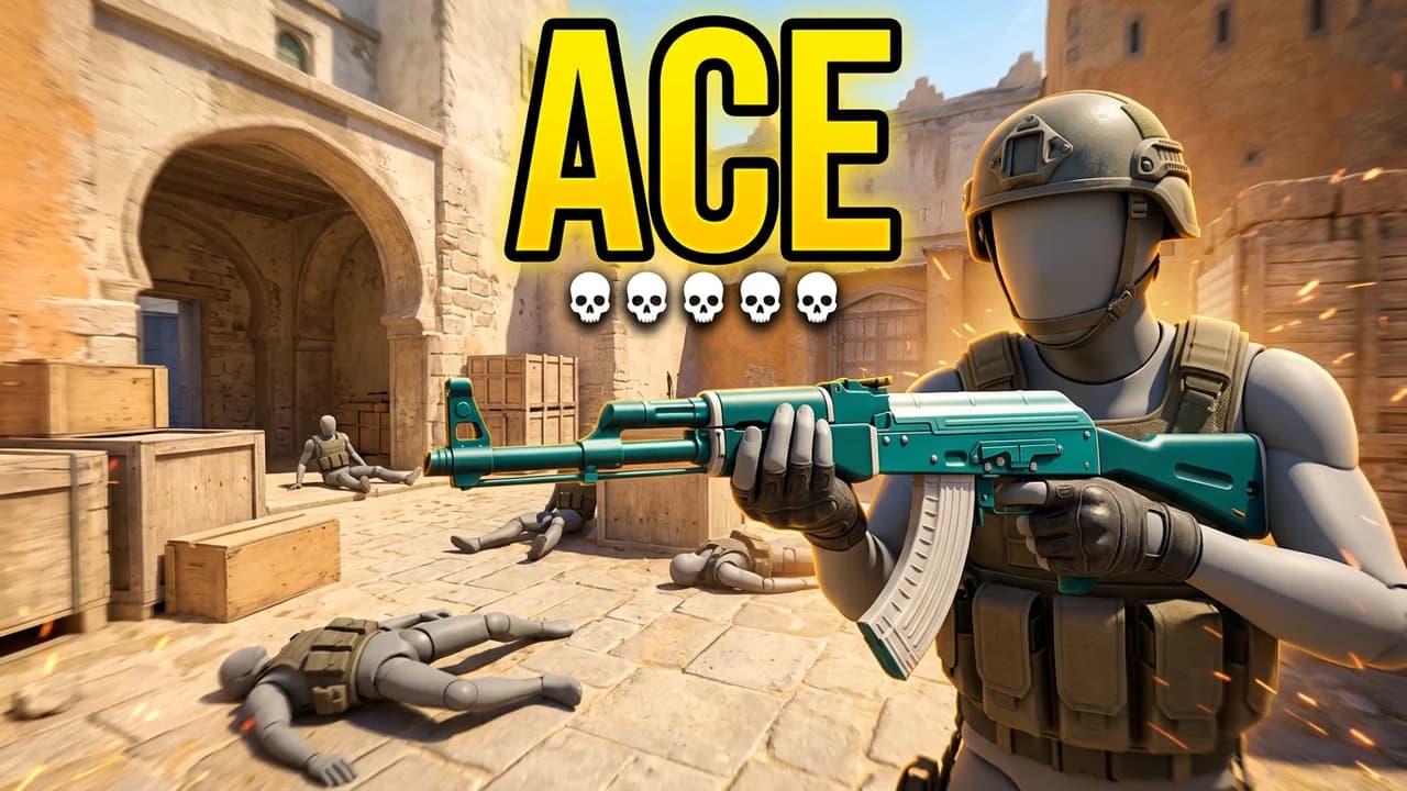 CS2 ace thumbnail template, a player in a helmet holding a teal rifle close to the camera, defeated players on the stone courtyard behind, five skulls and ACE text