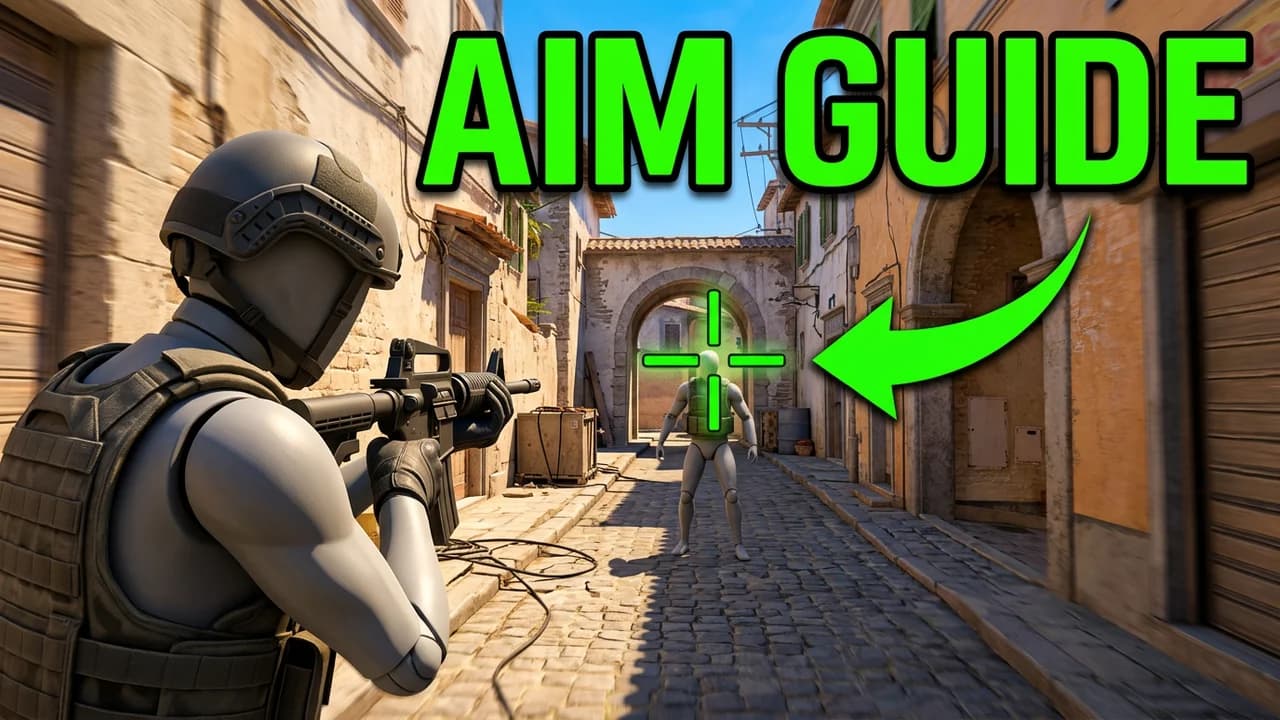 CS2 aim guide thumbnail template, a player in a helmet aiming a rifle down a stone street, a green crosshair on an enemy's head and a green arrow pointing at it, AIM GUIDE text