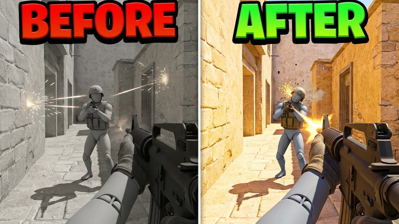 CS2 before and after thumbnail template, a first person rifle view split in two, a dull grey half missing shots and a bright half landing a hit in a stone corridor, BEFORE and AFTER text