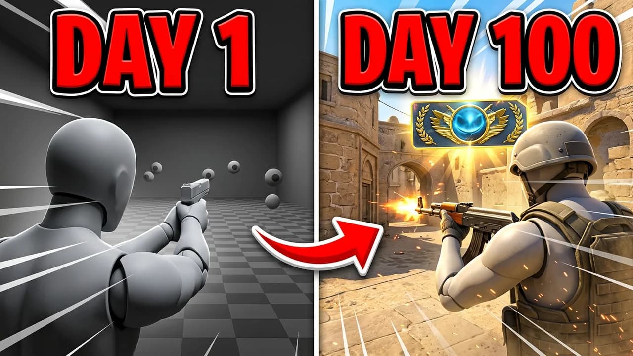 CS2 aim journey thumbnail template, a player with a pistol in a grey aim training room on the left and the same player firing a rifle on a desert map with a high rank emblem on the right, DAY 1 and DAY 100 text